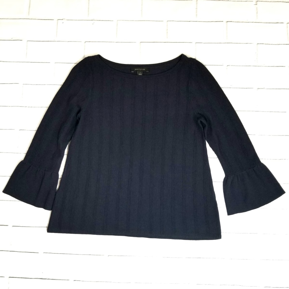 Ann Taylor Textured Ruffle Cuff Sweater Navy - Picture 2 of 5